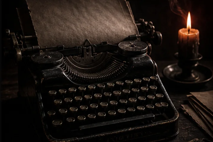 A vintage typewriter, manuscript, and candle in a dark room.
