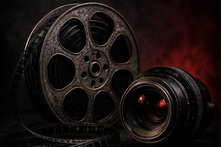 A film reel and camera lens lit by a deep red glow.